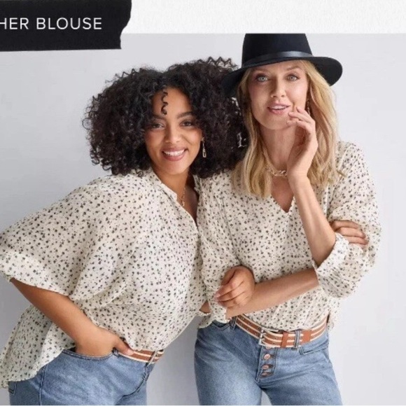 Cabi 8026 Blouse Top Womens M Beige Gather Baby Floral Print Semi Sheer Flowy - Picture 1 of 6